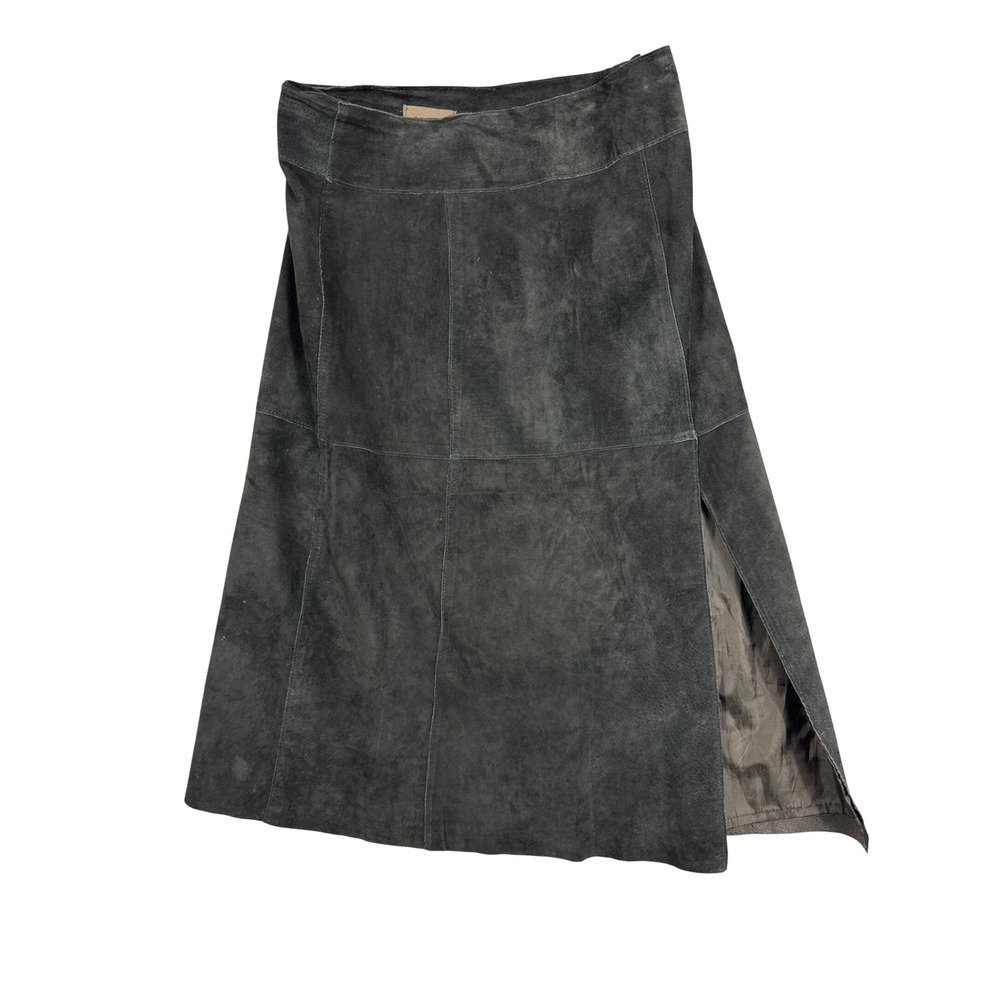 Outfit Leather Black Suede Midi Skirt Size 6 Panelled A-Line Side Slit